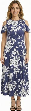 24seven Comfort Apparel Essential Petite Floral Ruffle Sleeve Cold Shoulder A-Line Maxi Dress