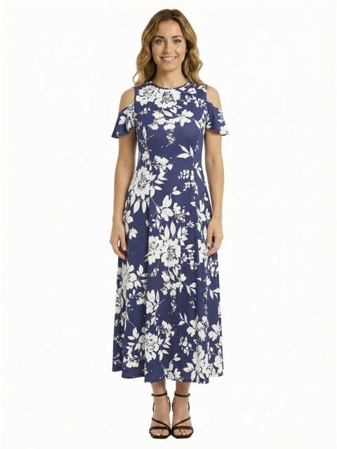 24seven Comfort Apparel Essential Petite Floral Ruffle Sleeve Cold Shoulder A-Line Maxi Dress