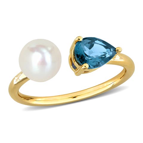 Cultured Pearl & Blue Topaz Open 2-Stone Ring 10k
