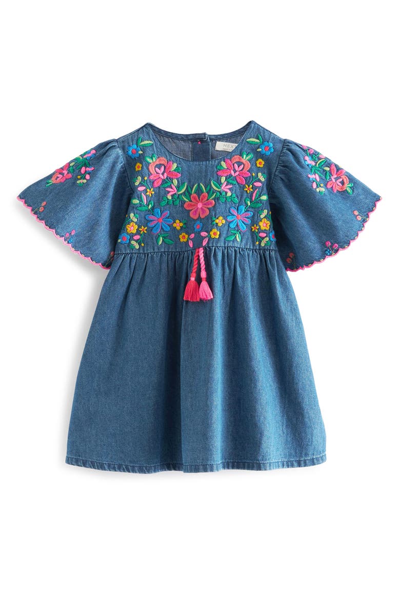 NEXT Kids' Floral Embroidered Denim Caftan Dress, Main, color, 