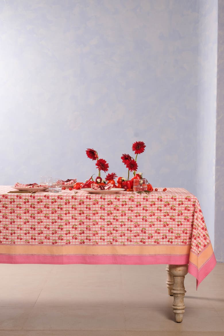 Cherry Blockprint Tablecloth, Alternate, color, 60x90
