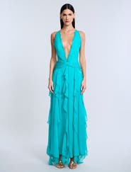 BCBGMAXAZRIA Ruffle Halter Chiffon Gown