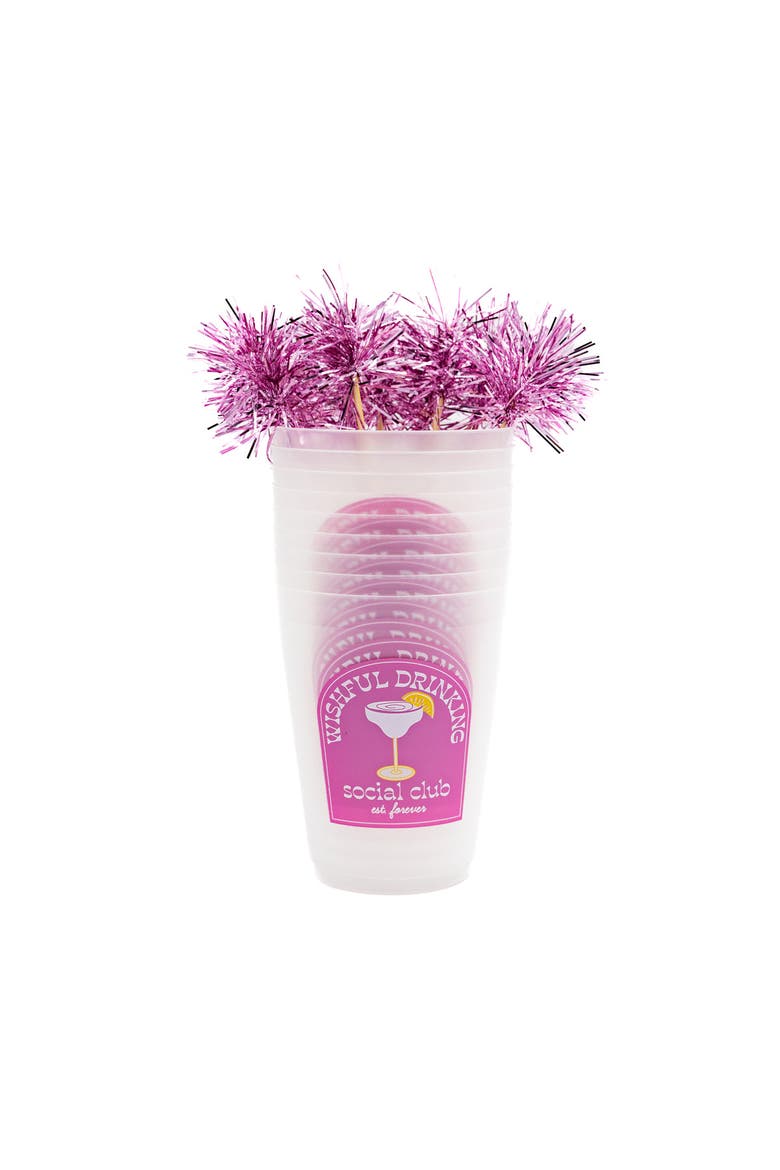 Wishful Drinking Pink Pom Pom Reusable Stackable Cups Set of 10 - 16 oz Shatterproof Party Cups with Pink Pom Pom Stirrers, 6.5x2.5 Inch, Alternate, color, Multicolor