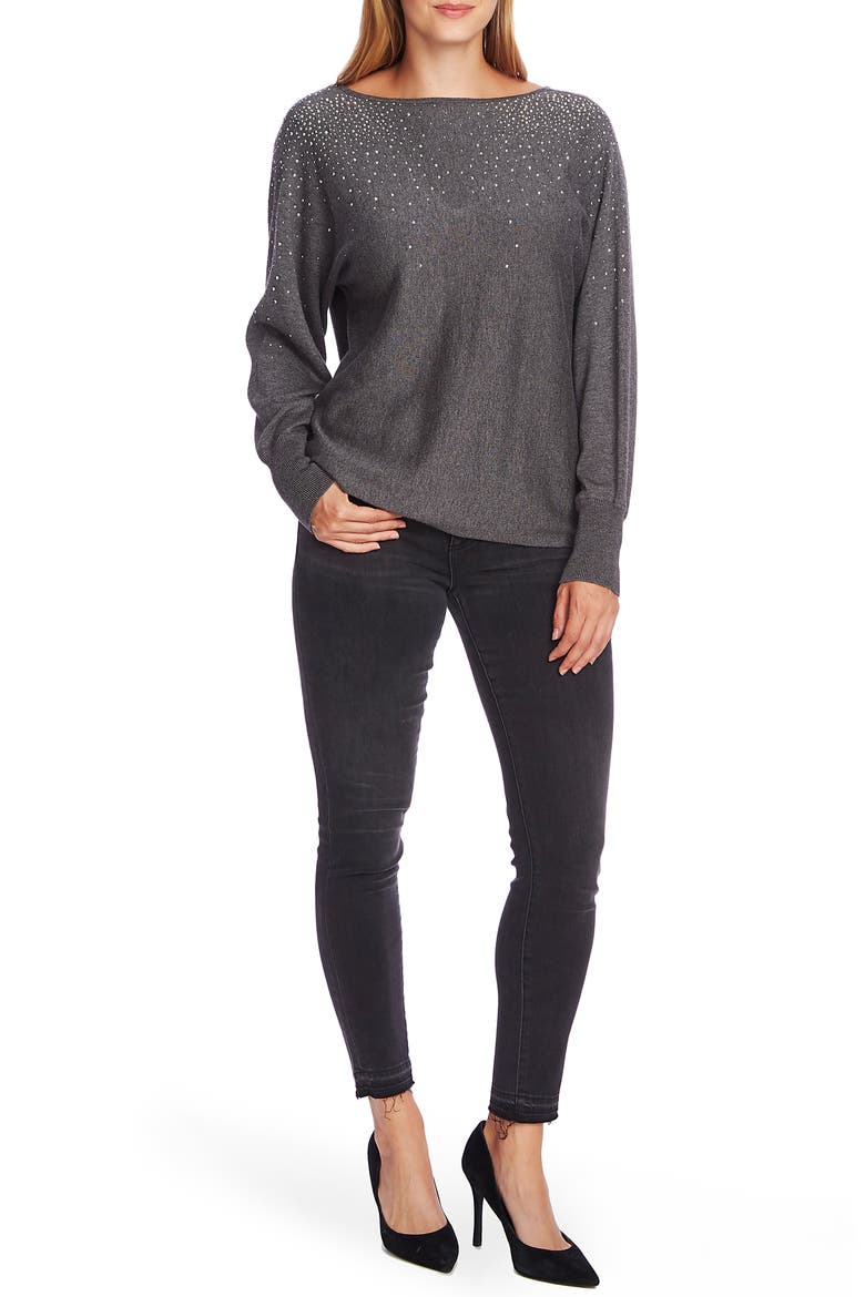 Crystal Embellished V-Back Cotton Blend Sweater, Alternate, color, MEDIUM HEATHER GREY