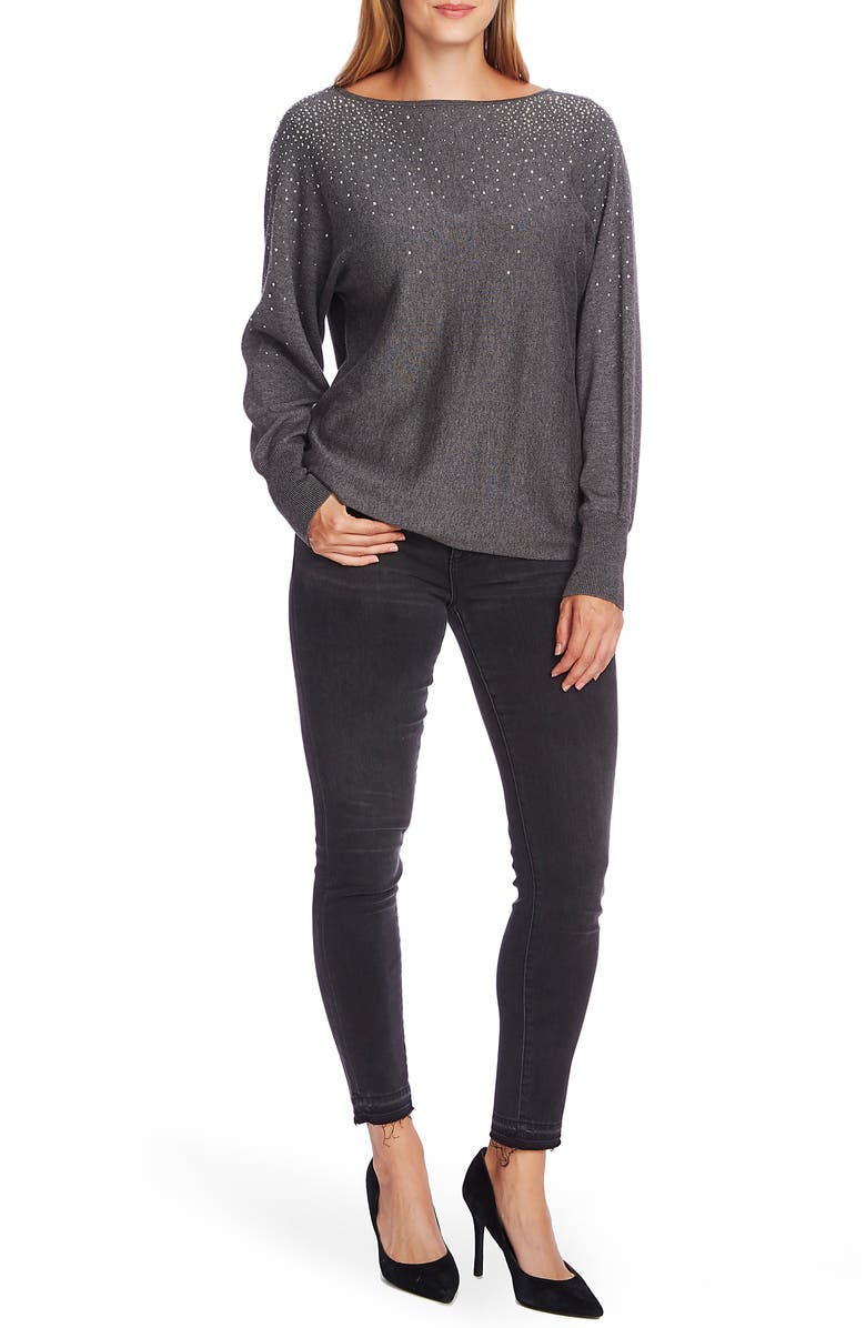 Vince Camuto Crystal Embellished V-Back Cotton Blend Sweater, Alternate, color,