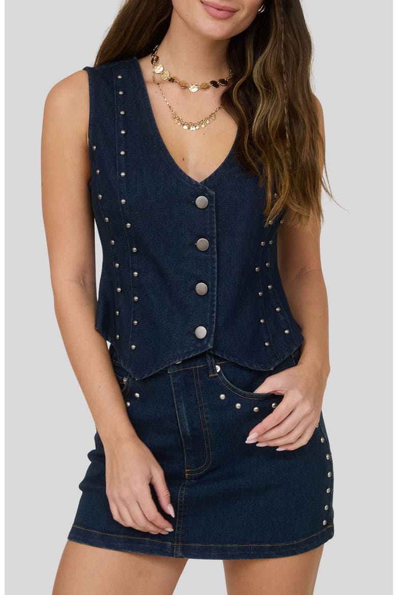 Studded Button Front Vest, Main, color, DENIM