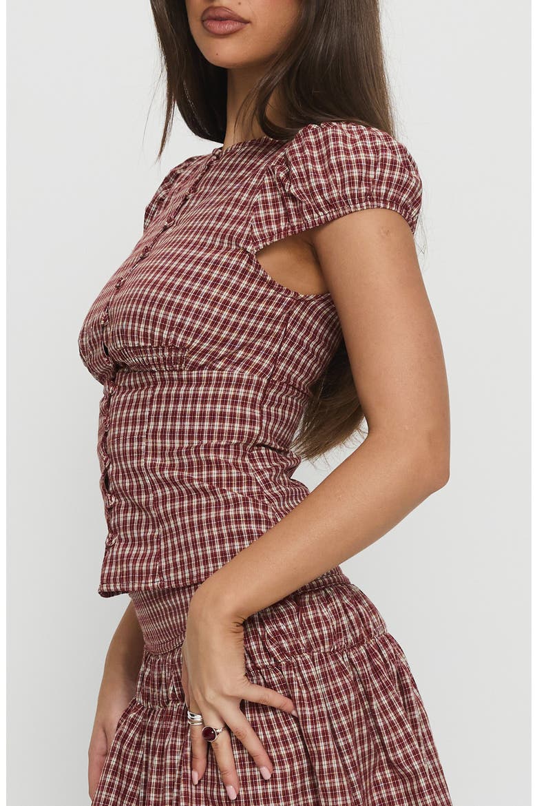 Alixandra Check Cap Sleeve Cotton Button-Up Top, Alternate, color, RED CHECK