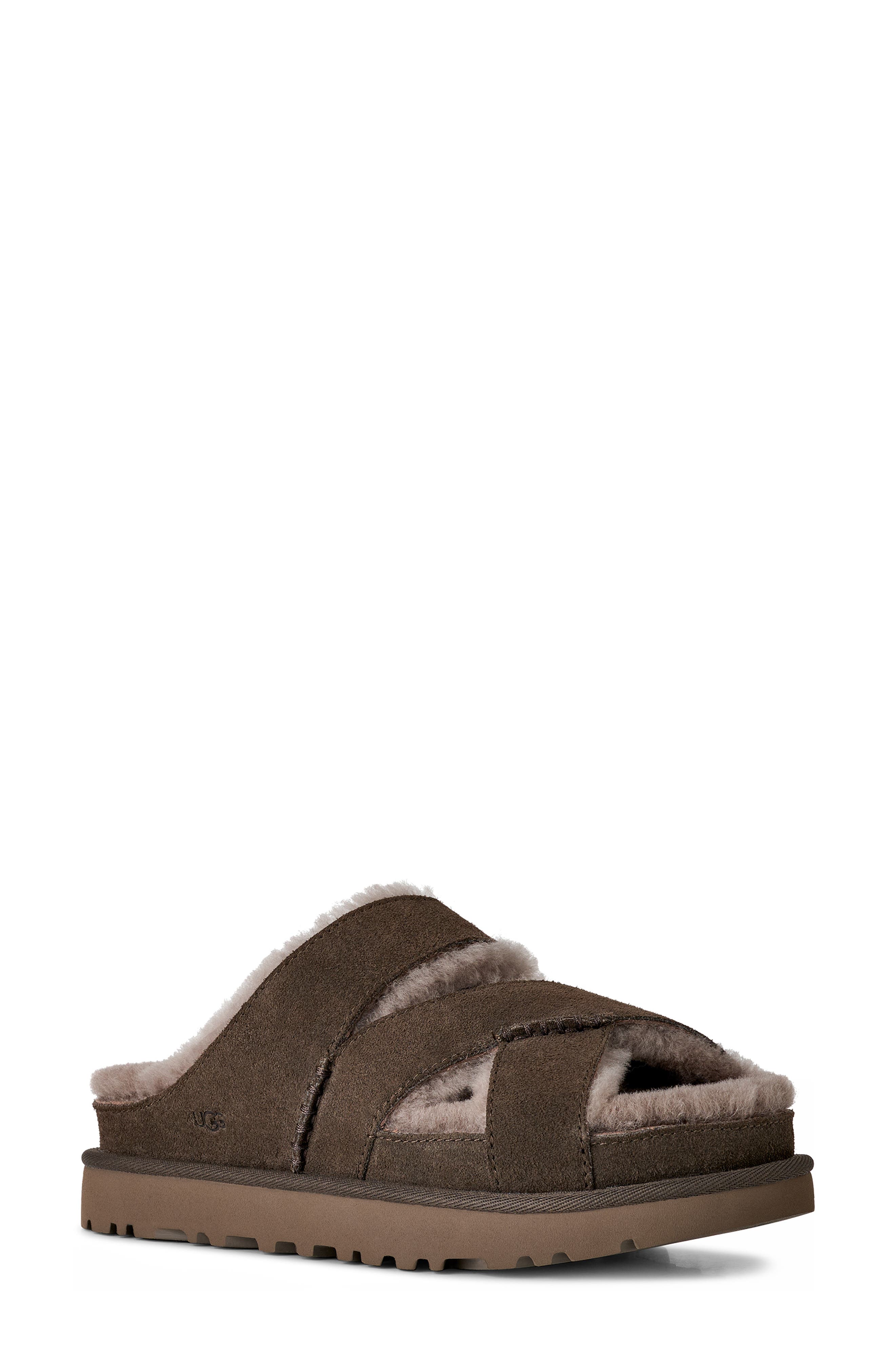 UGG<sup>®</sup> Greenport Genuine Shearling Lined Cross Strap Slide Sandal, Main, color, Dense Smoke