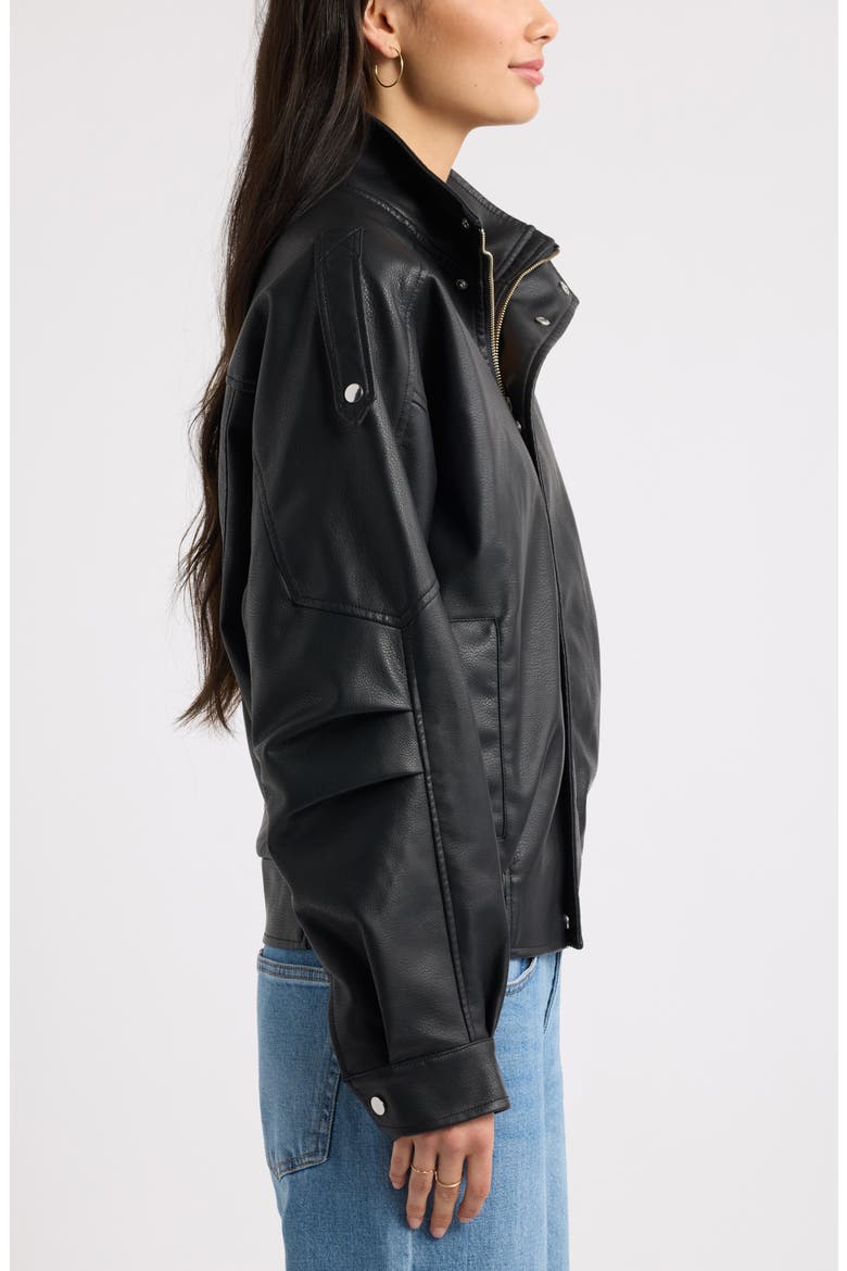 Funnel Neck Faux Leather Jacket, Alternate, color, BLACK