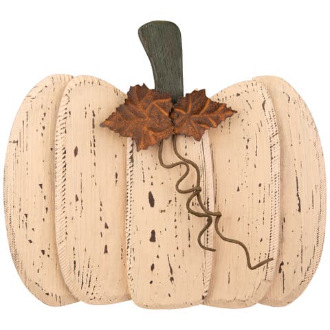 Rustic Wooden Fall Harvest Pumpkin with Leaves and Stem - 15"