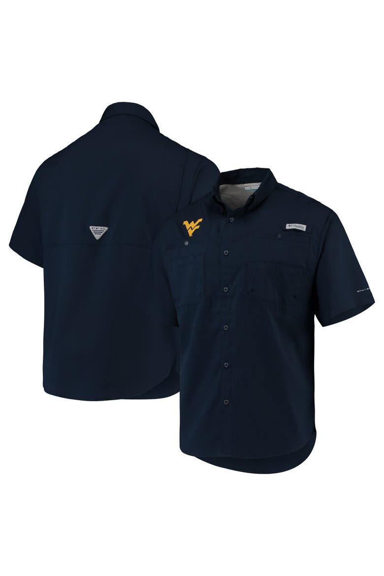 Men's Columbia Navy West Virginia Mountaineers PFG Tamiami Omni-Shade Button-Down Shirt, Main, color, Navy