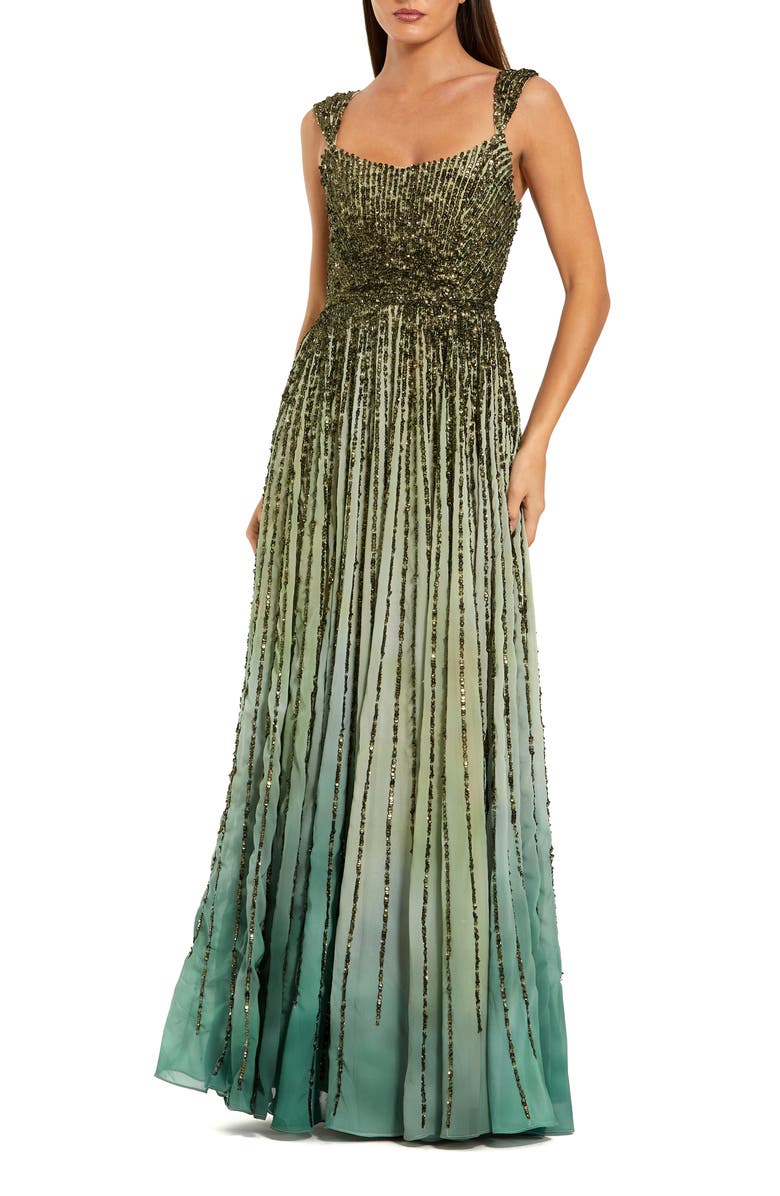 Mac Duggal Cap Sleeve Ombre Mesh Scoop Neck A Line Gown, Main, color, Patina Green