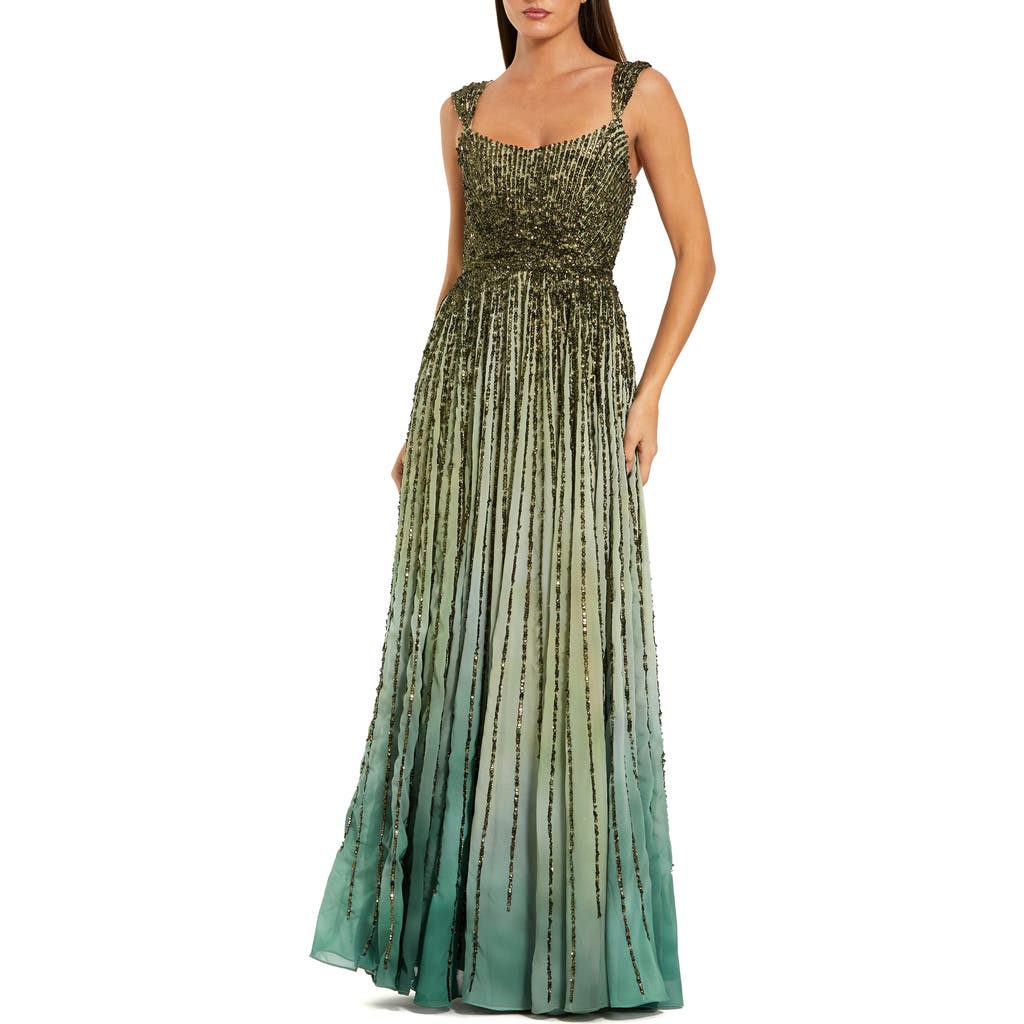 Mac Duggal Cap Sleeve Ombre Mesh Scoop Neck A Line Gown In Multi