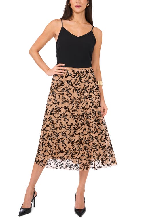 Vince Camuto Floral Flock Mesh Skirt In Rich Black