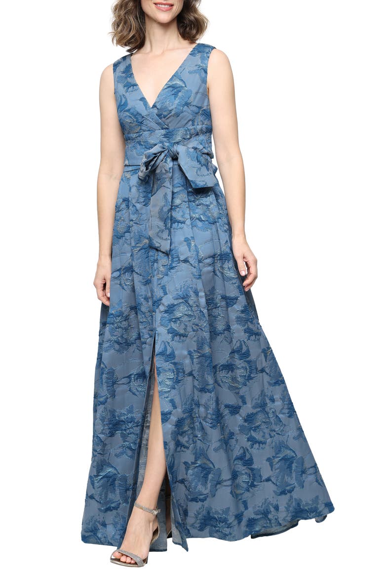 Metallic Floral Jacquard Sleeveles A-Line Gown, Main, color, VINTAGE BLUE