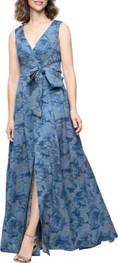 Alex Evenings Metallic Floral Jacquard Sleeveles A-Line Gown