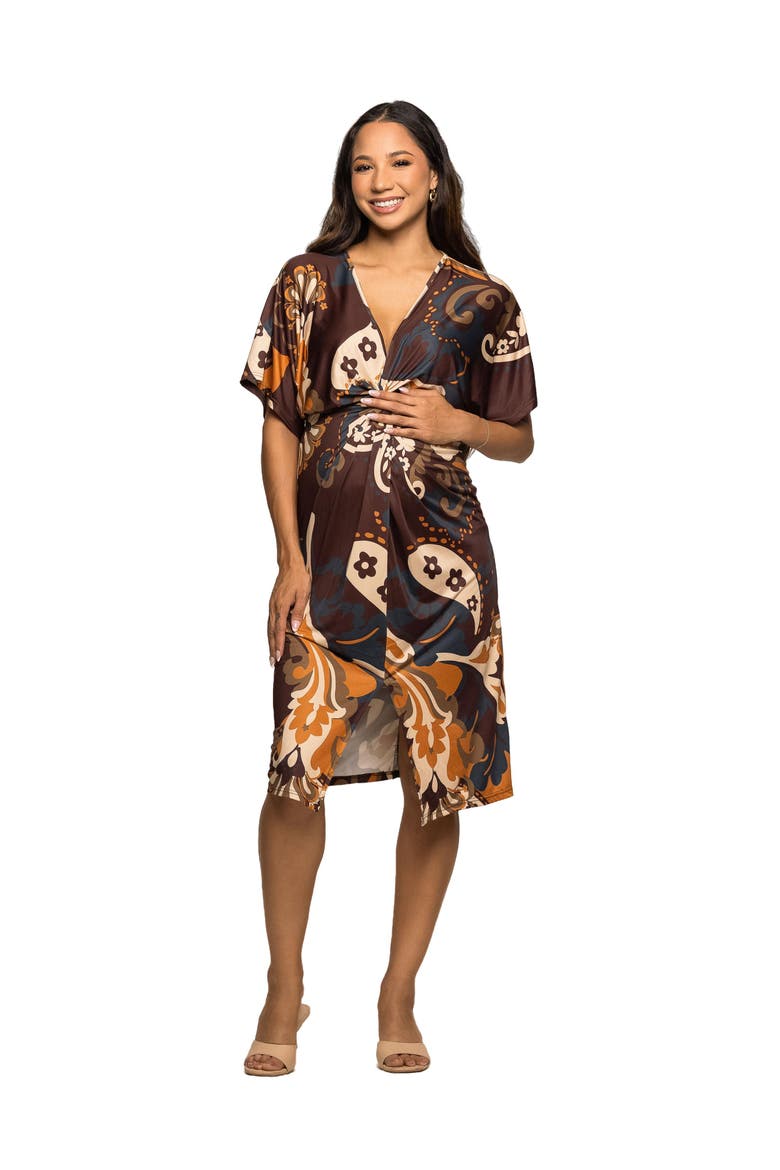 Short Sleeve Knot Front Midi Dress in Paisley Print, Main, color, Brown Multi