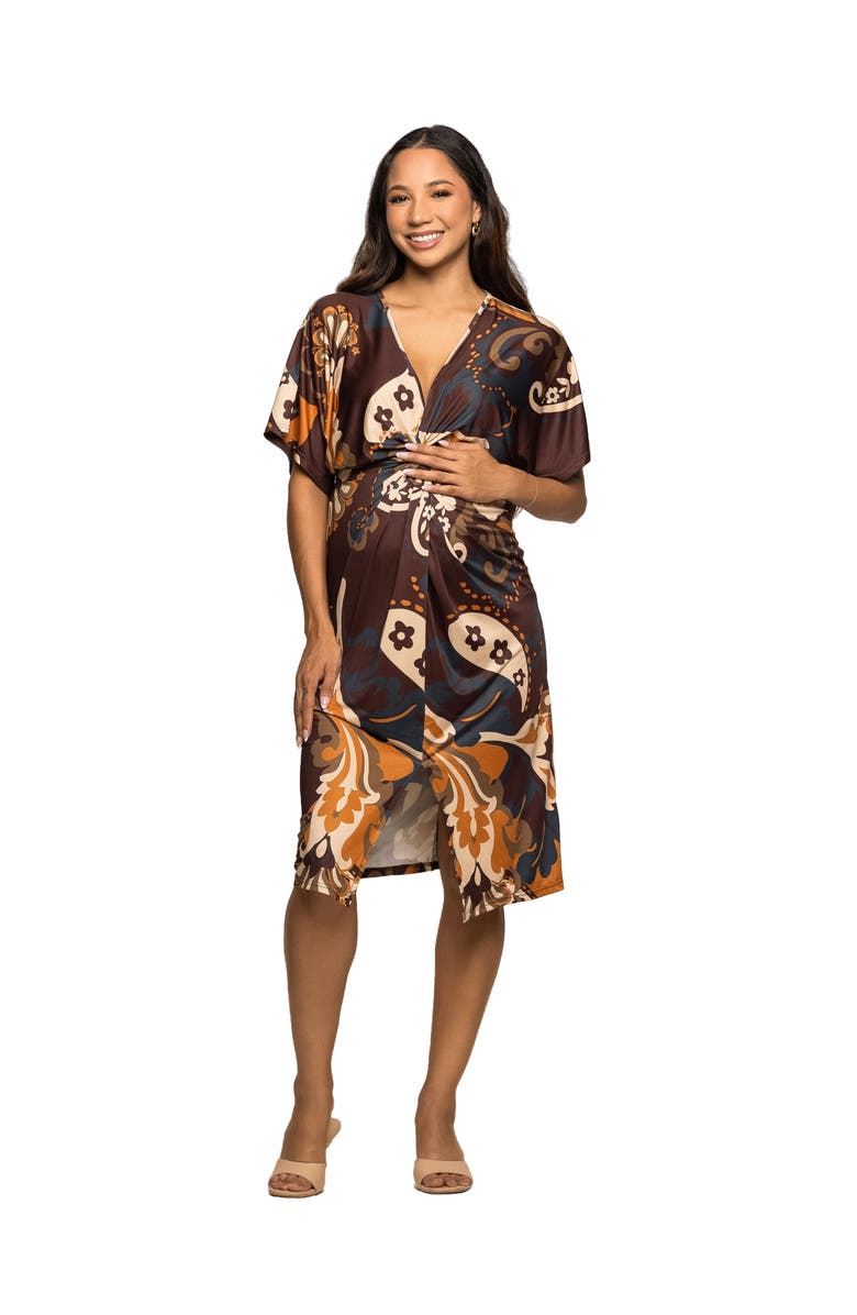 24seven Comfort Apparel Short Sleeve Knot Front Midi Dress in Paisley Print, Main, color, Brown Multi