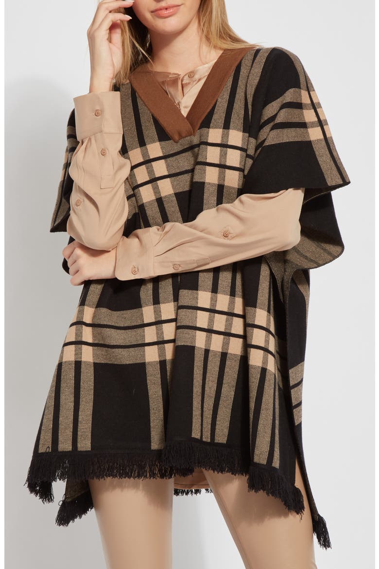 Engineered Plaid Sweater Poncho, Main, color, ENGINEERED PLAID BLACK
