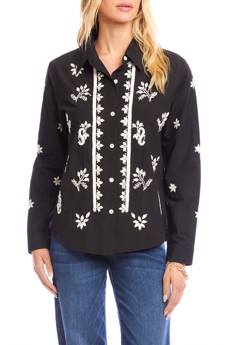 Embroidered Cotton Button-Up Shirt, Main, color, BLACK/ TAN