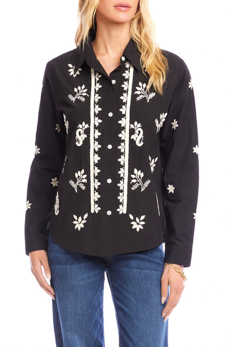 Karen Kane Embroidered Cotton Button-Up Shirt, Main, color, Black/ Tan