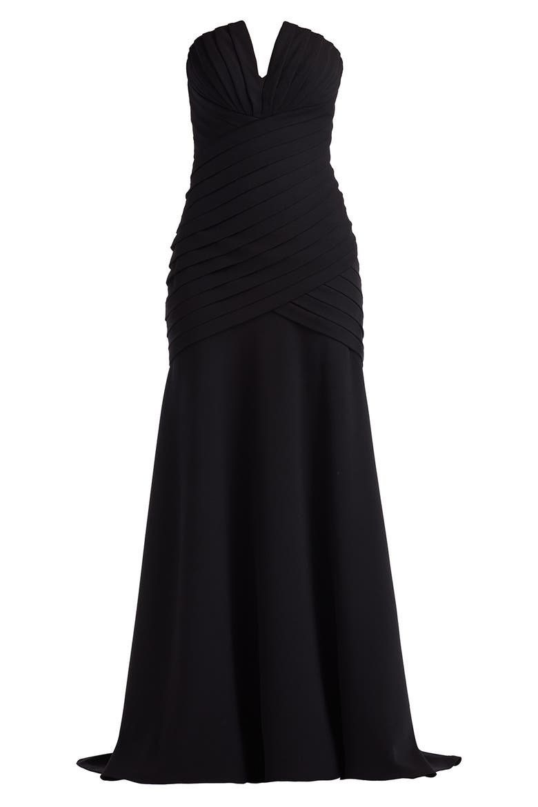Pleated Notched Strapless Gown, Alternate, color, BLACK