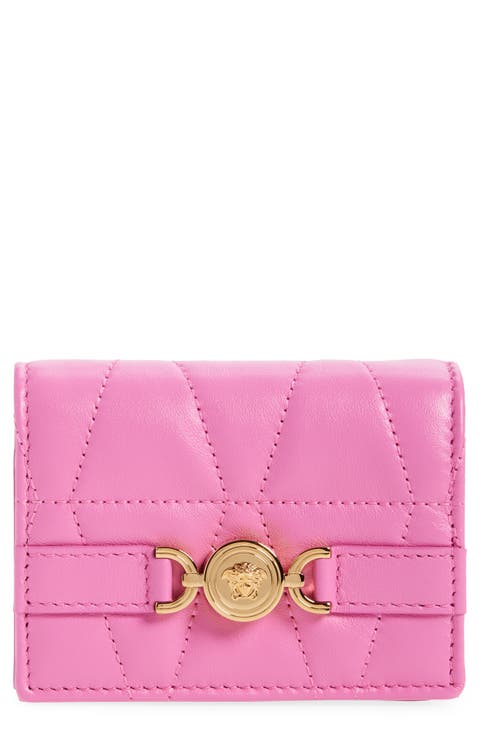 Versace★素敵！Gold V Logo Pink Leather Compact Wallet Versace Women's Gold V Logo Pink 100% Leather Card Case