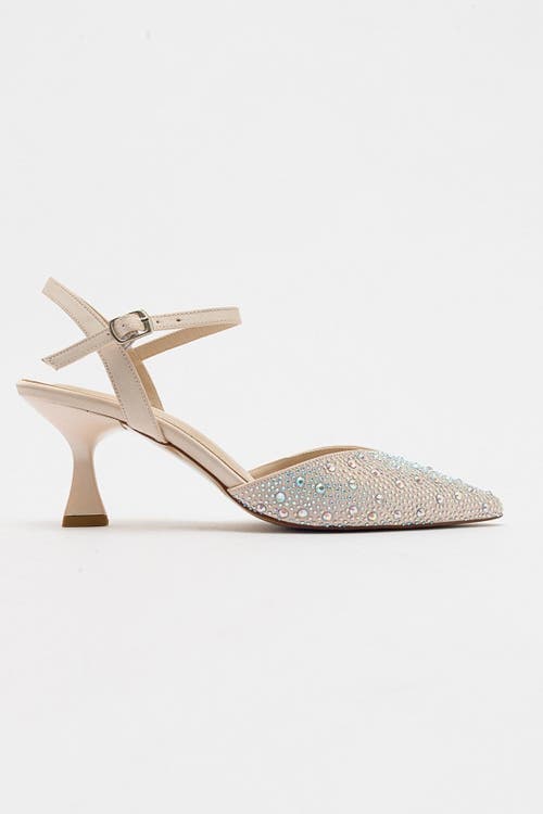 Forever & Always Shoes Vilka Embellished Slingback Kitten Heel Pumps In Beige Faux Leather
