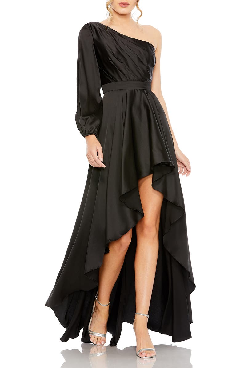 Mac Duggal High Low One Shoulder Flowy Gown, Main, color, Black