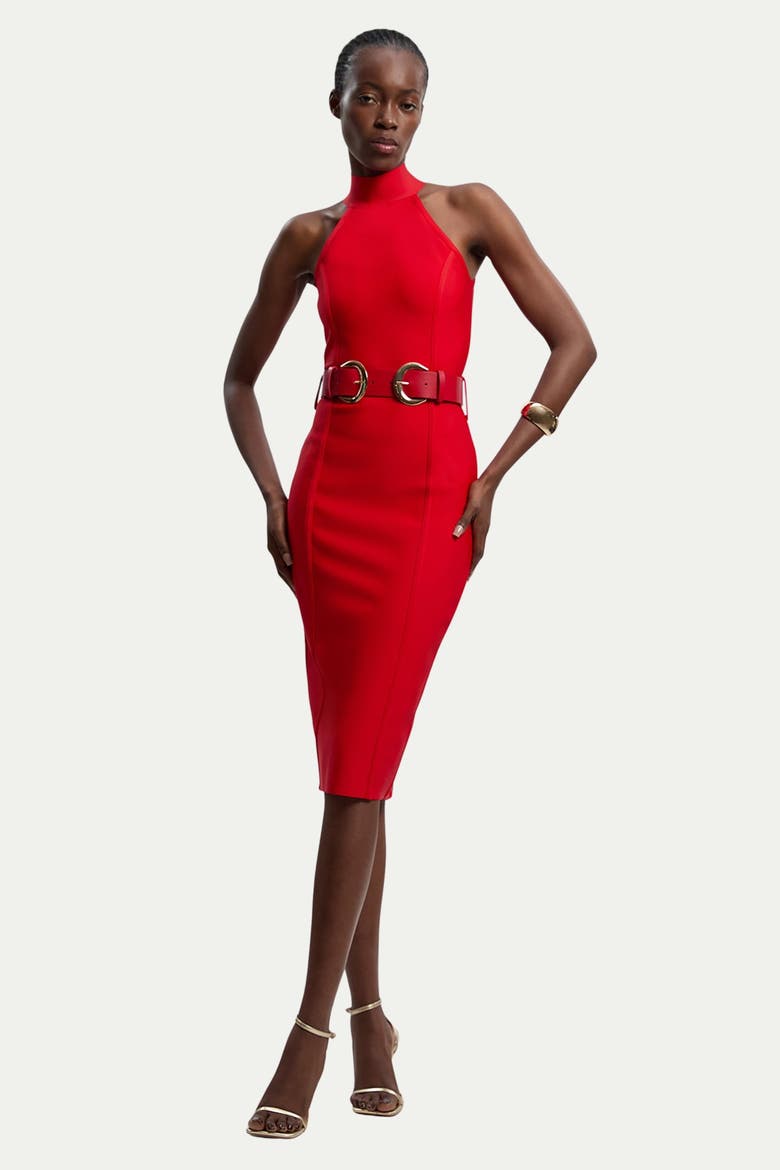Bandage High Neck Buckle Trim Midi Dress, Alternate, color, Red