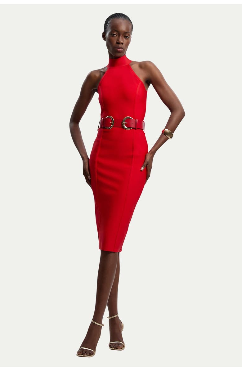 Karen Millen Bandage High Neck Buckle Trim Midi Dress, Alternate, color, Red