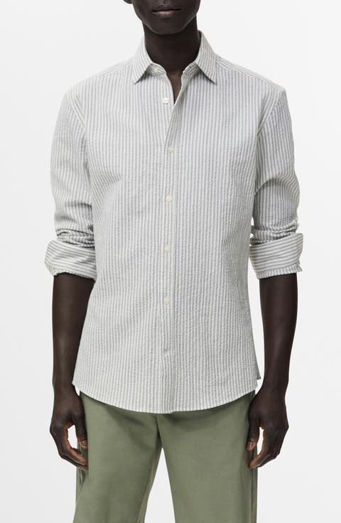 Stripe Stretch Cotton Seersucker Button-Up Shirt