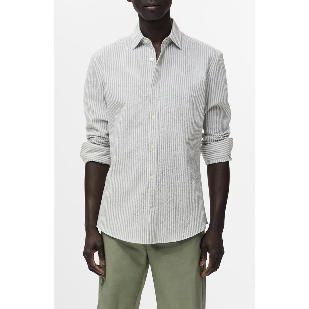 Mango Stripe Stretch Cotton Seersucker Button-up Shirt In White