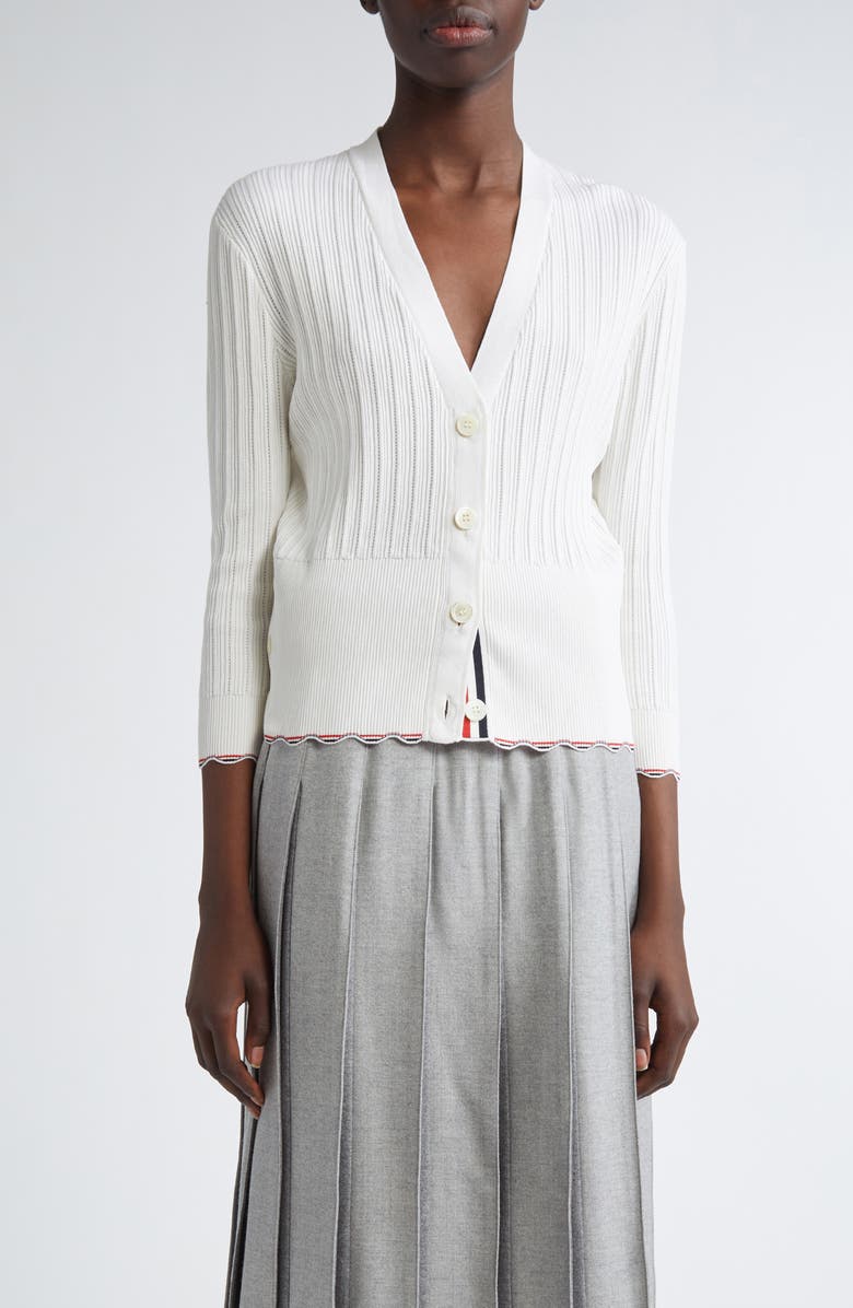 Thom Browne Pointelle & Rib Silk & Cotton Cardigan, Main, color, White
