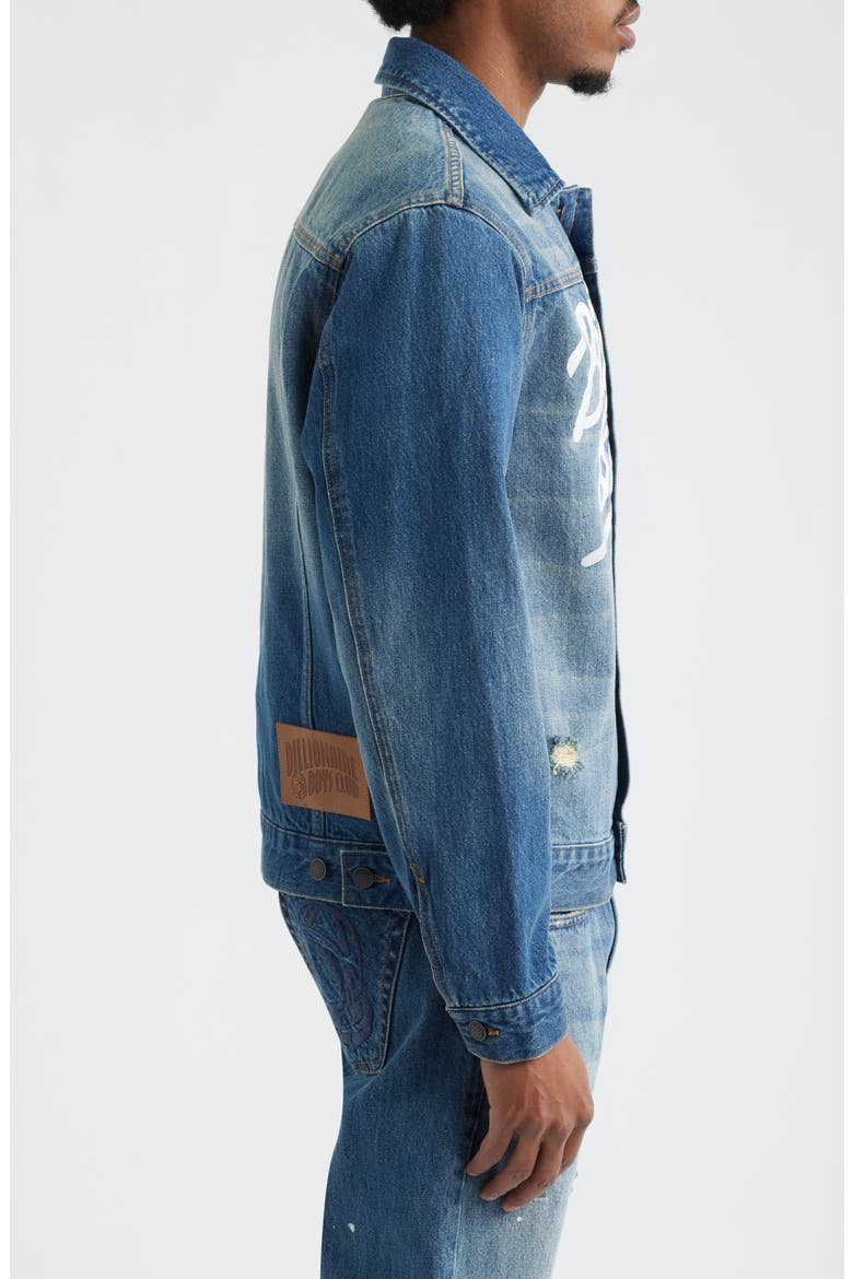Script Logo Distressed Denim Trucker Jacket, Alternate, color, ASTRA