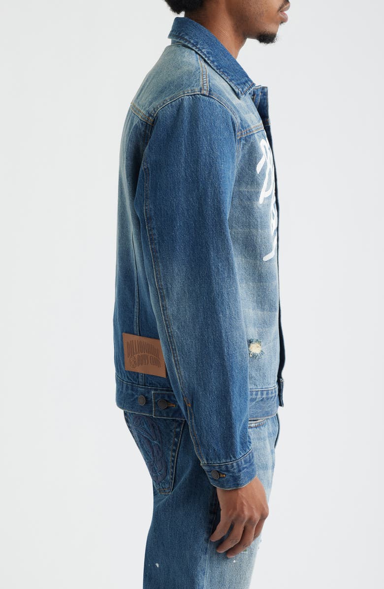 Billionaire Boys Club Script Logo Distressed Denim Trucker Jacket, Alternate, color, Astra