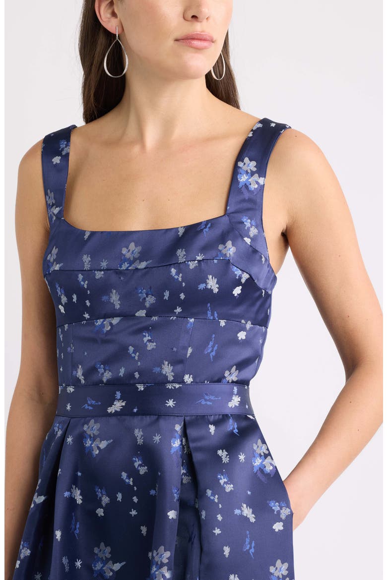 Pleated Seamed Bodice Jacquard Maxi Cocktail Dress, Alternate, color, NAVY BROCADE