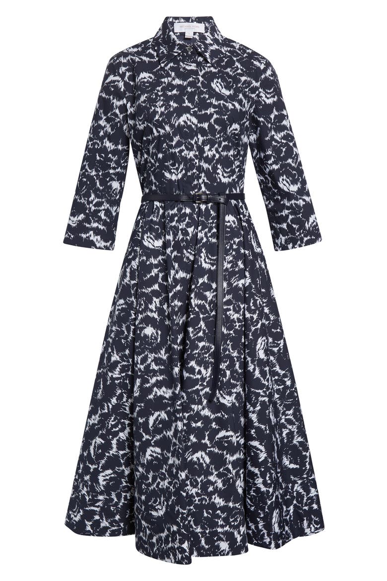 Graphic Floral Chiné Belted Cotton Poplin Shirtdress, Alternate, color, MIDNIGHT/ OPTIC WHITE