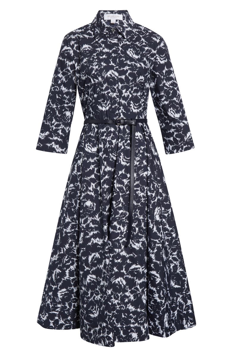 Michael Kors Collection Graphic Floral Chiné Belted Cotton Poplin Shirtdress, Alternate, color, Midnight/ Optic White