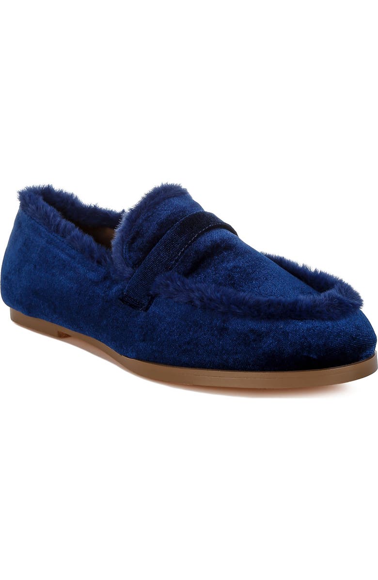 Rag & Co Bastian Faux Fur Trim Velvet Loafer, Main, color, Dark Blue