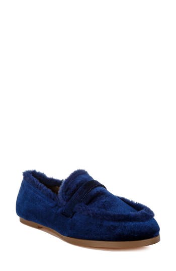 Rag & Co Bastian Faux Fur Trim Velvet Loafer In Dark Blue