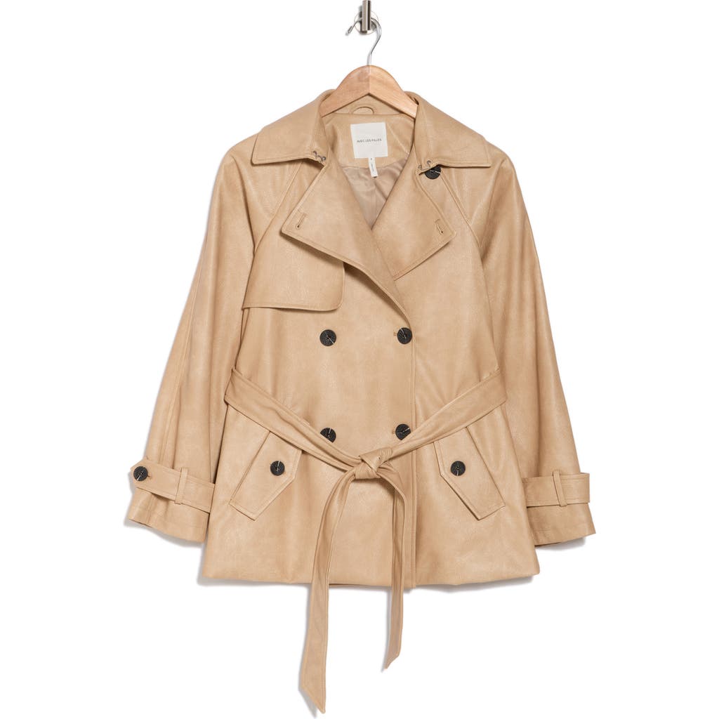 Shop Avec Les Filles Faux Leather Mid Length Trench Coat In Khaki