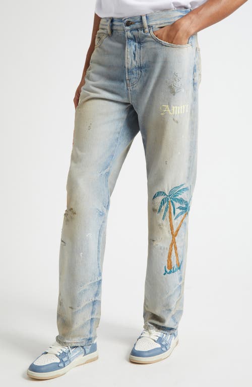 Amiri Distressed Embroidered Denim Trousers In Gray
