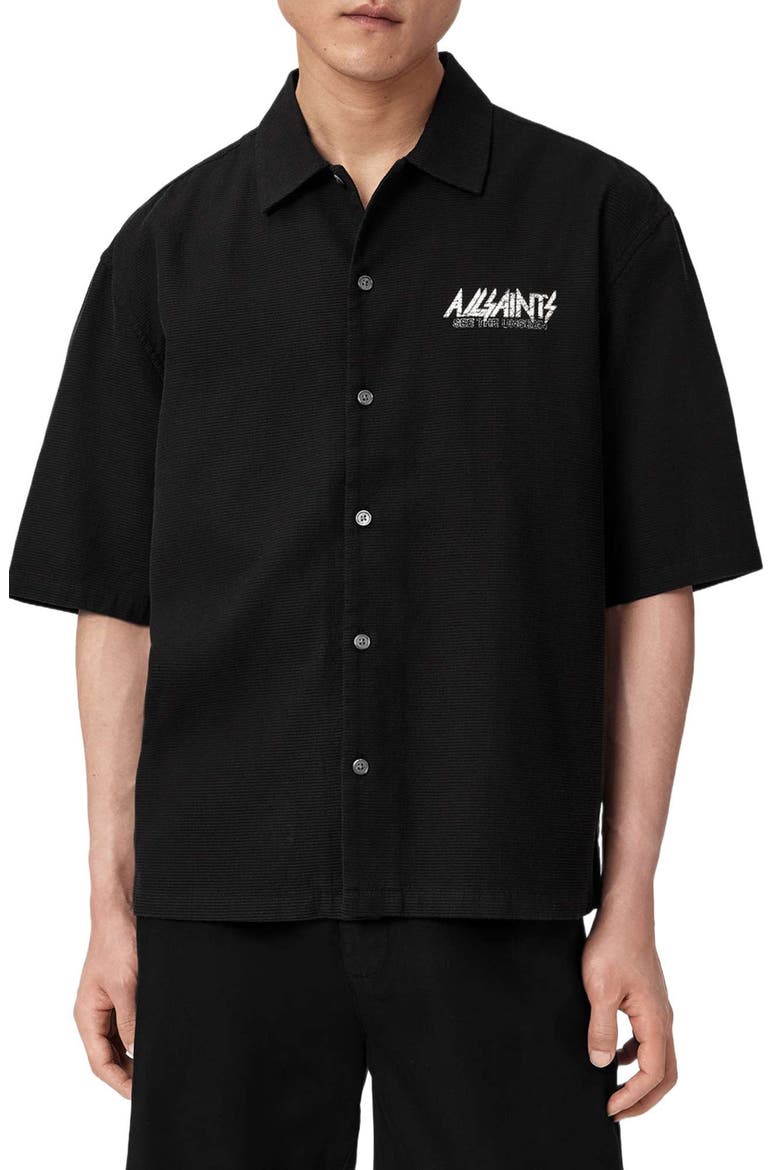 Synth Short Sleeve Button-Up Shirt, Main, color, ORCA BLACK