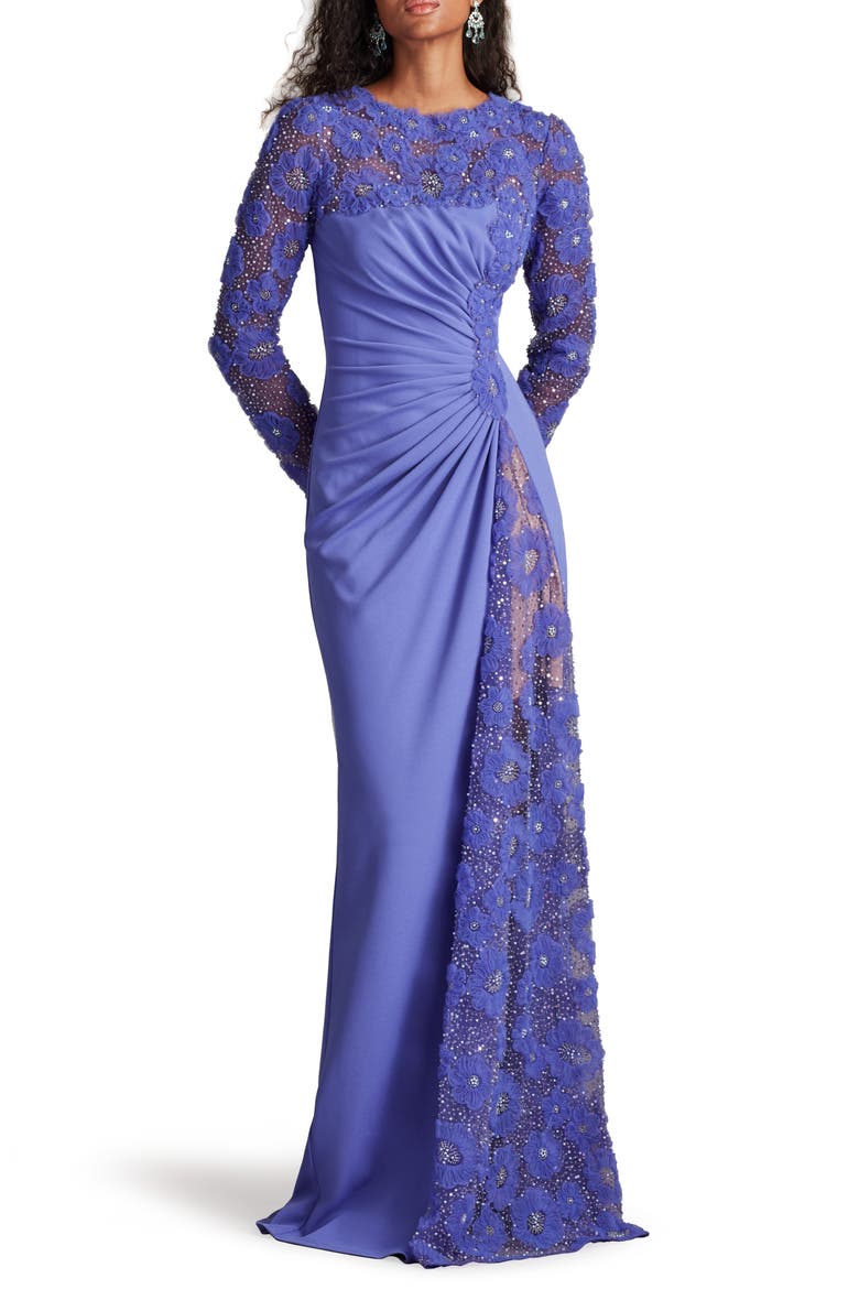 tadashi shoji purple dress Embellished Long Sleeve Evening Gown (Women)