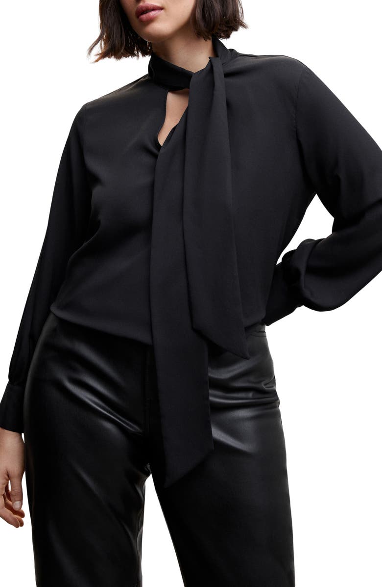 MANGO Flowy Tie Neck Long Sleeve Blouse, Alternate, color,