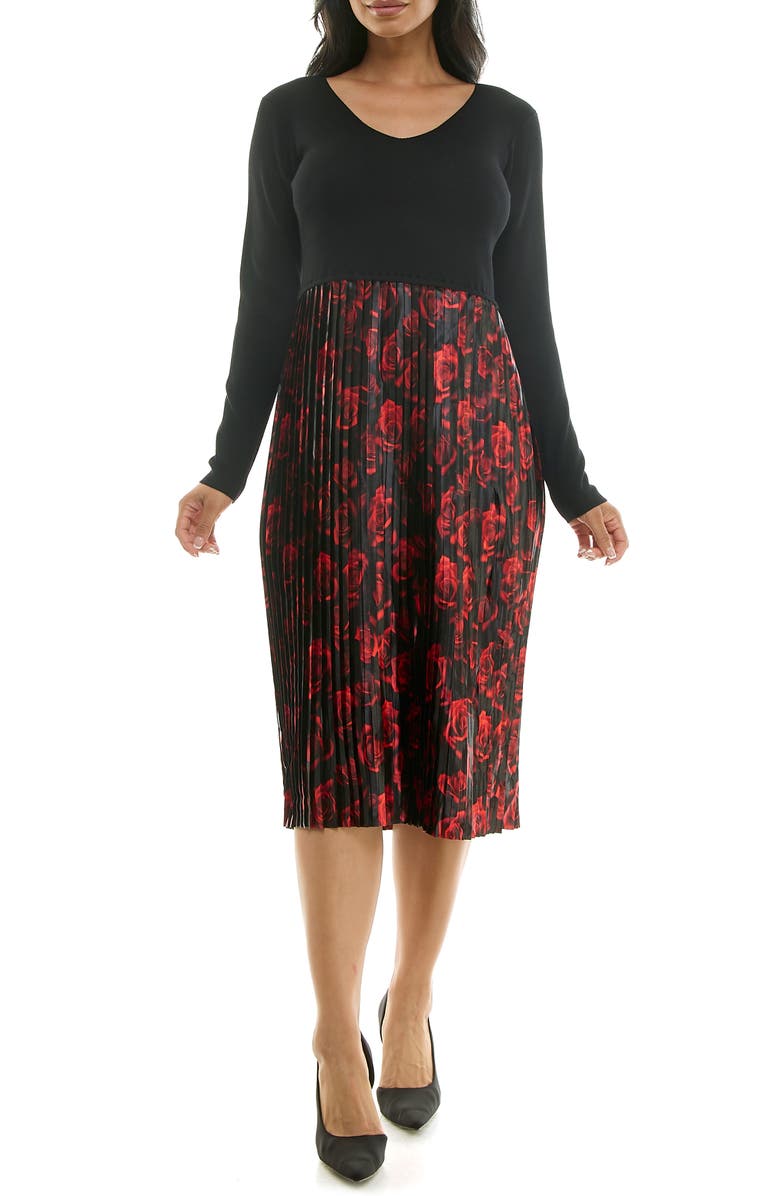 Nina Leonard Long Sleeve Mixed Media Dress, Main, color, Red Multi