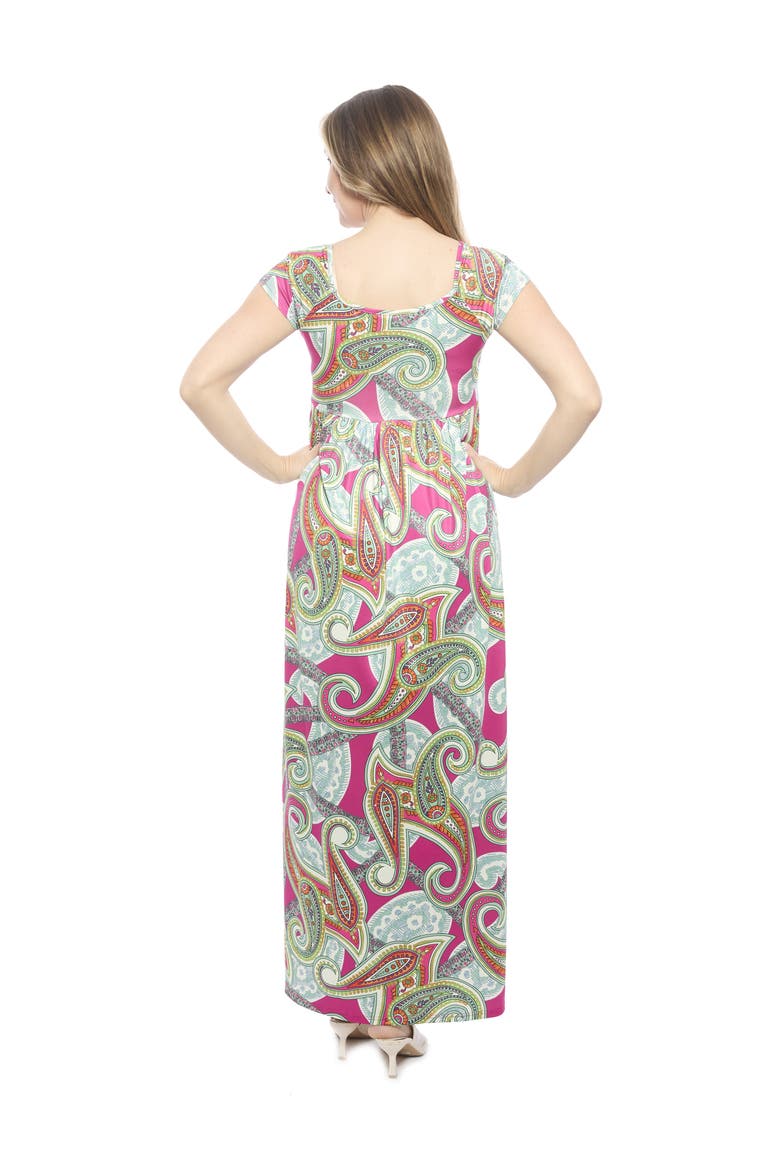 Womens Paisley Square Neck Cap Sleeve Pleated A-Line Maxi Dress, Alternate, color, Pink Multi