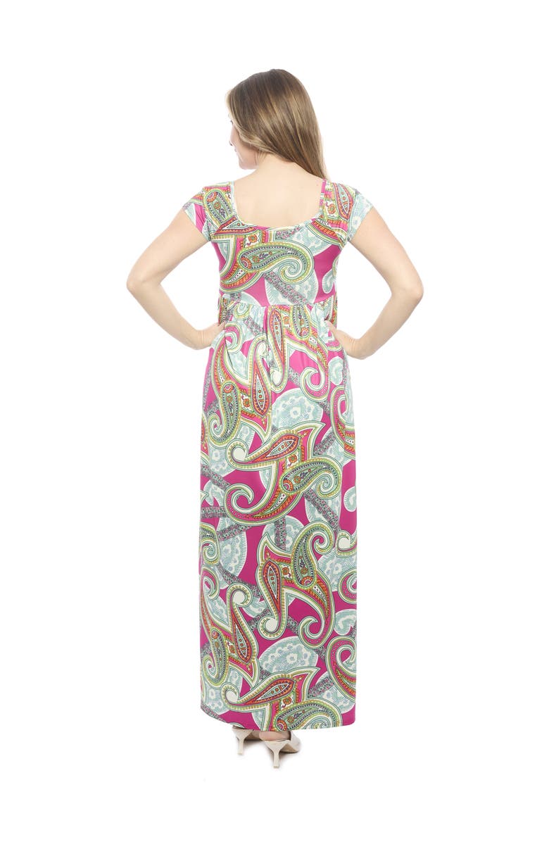 24seven Comfort Apparel Womens Paisley Square Neck Cap Sleeve Pleated A-Line Maxi Dress, Alternate, color, Pink Multi