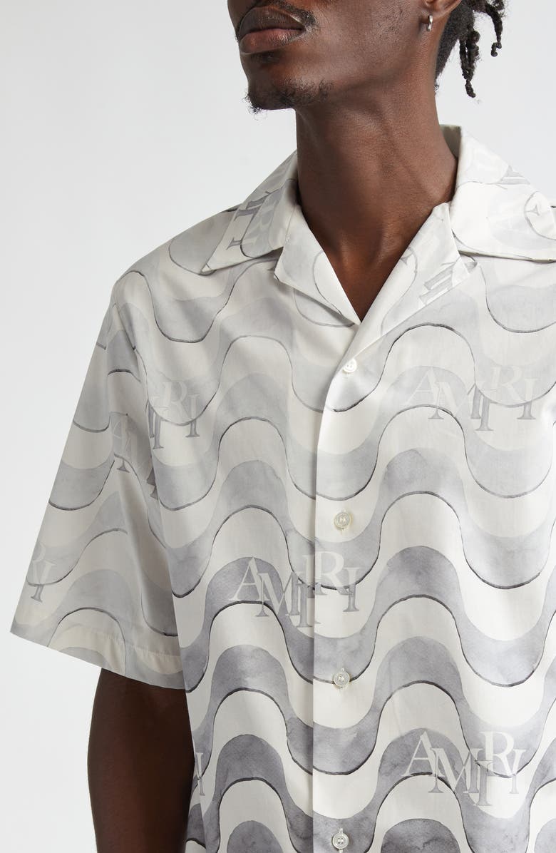 AMIRI Staggered Logo Wave Cotton Camp Shirt, Alternate, color, Grey